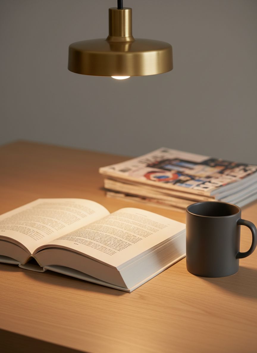 A pristine open hardback literary novel, its ivory pages filled with elegant typeset and subtle deckle edging, positioned beside a minimalist ceramic mug on a smooth pale oak surface. The background features a soft-focus stack of contemporary magazines with artistic covers, adding a touch of modernity. Warm pendant light from above creates gentle, precise highlights and invites an atmosphere that is both cozy and intellectually stimulating. The mood is relaxed and inviting, ideal for a cultural news journal that values literature and refined conversation. Composed at a gentle angle with shallow depth of field, the image exudes clean, modern sophistication.