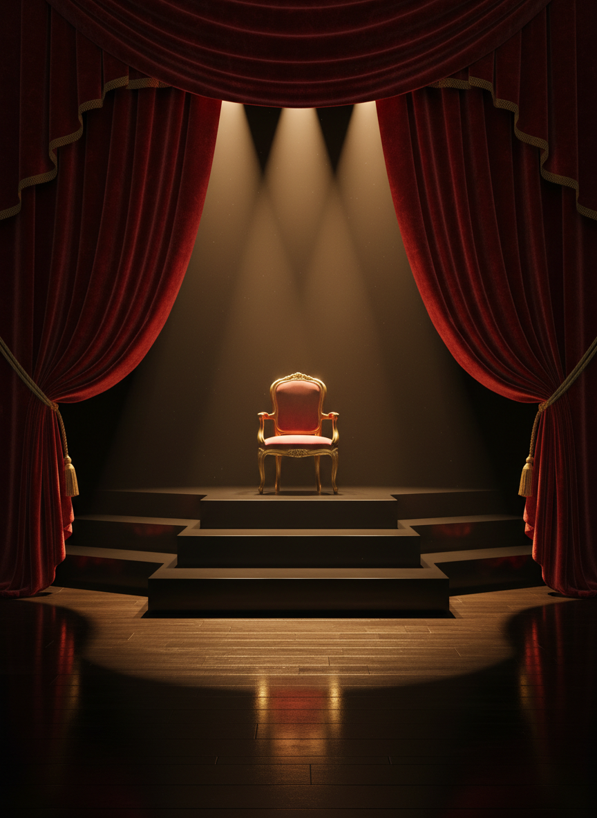 A theatrical stage set with deep crimson velvet curtains drawn halfway, revealing a minimalist set design of sleek black risers and a single gold-trimmed ornate chair at center stage. The floor is polished and reflects the rich colors and textures of the backdrop. Focused spotlights from above create dramatic pools of warm light, casting precise, theatrical shadows around the chair. The mood is electric and anticipatory, capturing the energy of live performance. The image is shot from a low-angle, slightly off-center to add depth and movement, with a bold, visually striking modern style that resonates with a culture and entertainment audience.